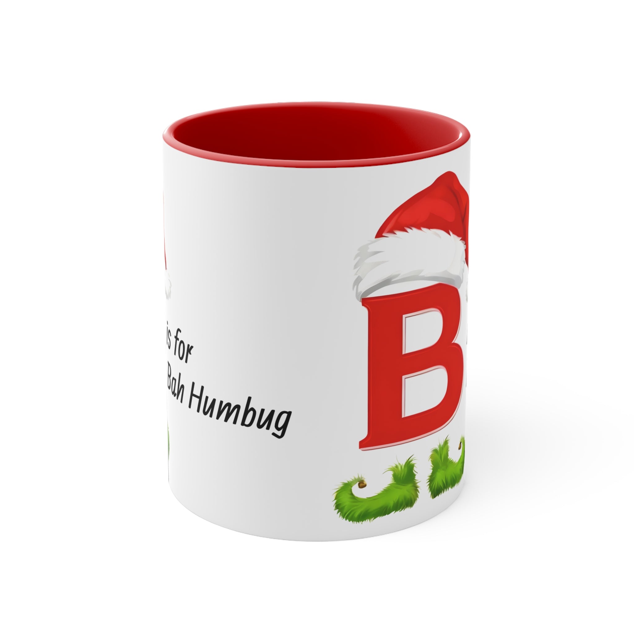 Christmas letter B mug, white with red rim, Santa hat “B” and “Bah Humbug” print