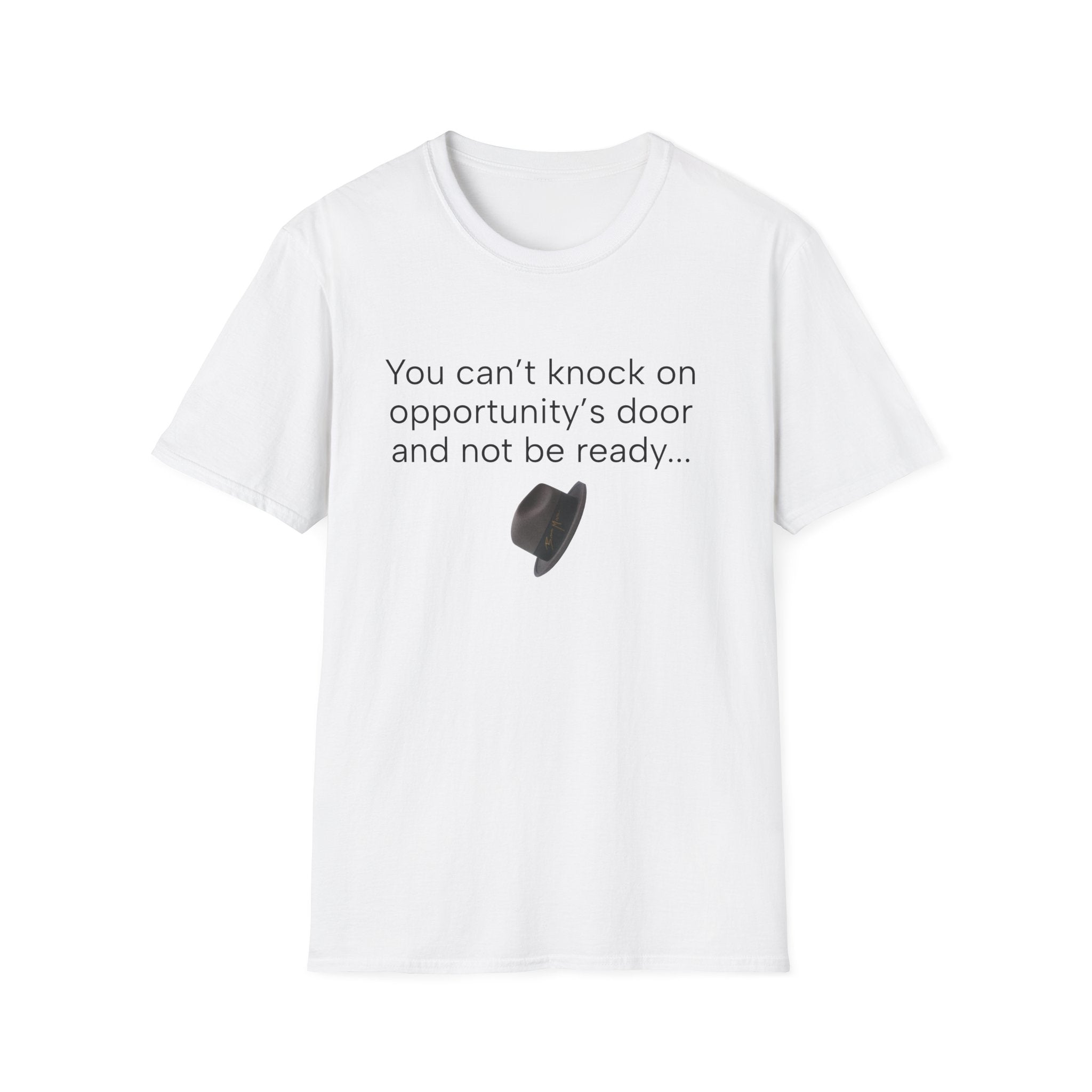 White T-shirt with motivational quote text and door icon graphic on front
