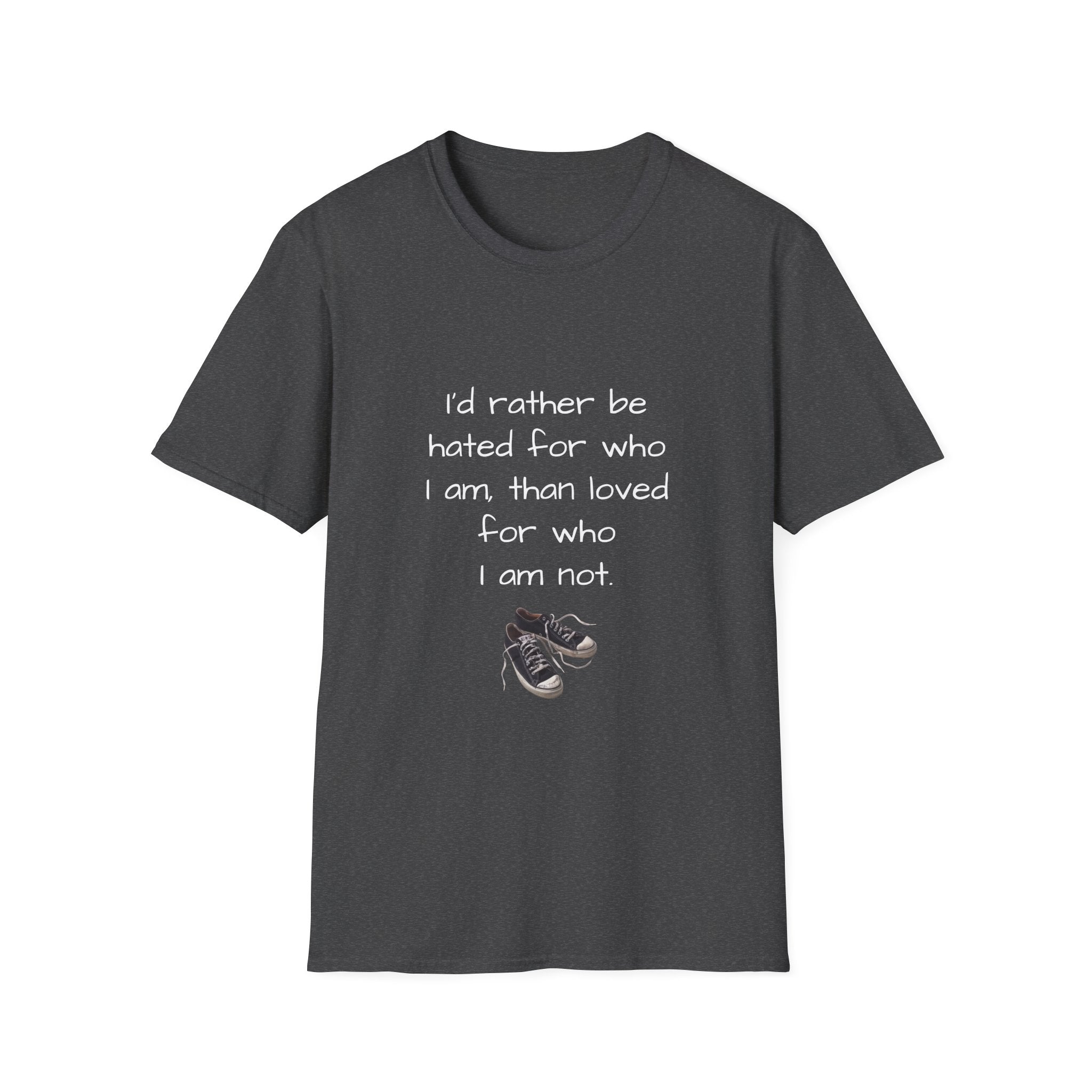 Charcoal unisex T-shirt with white quote and sneaker graphic on front