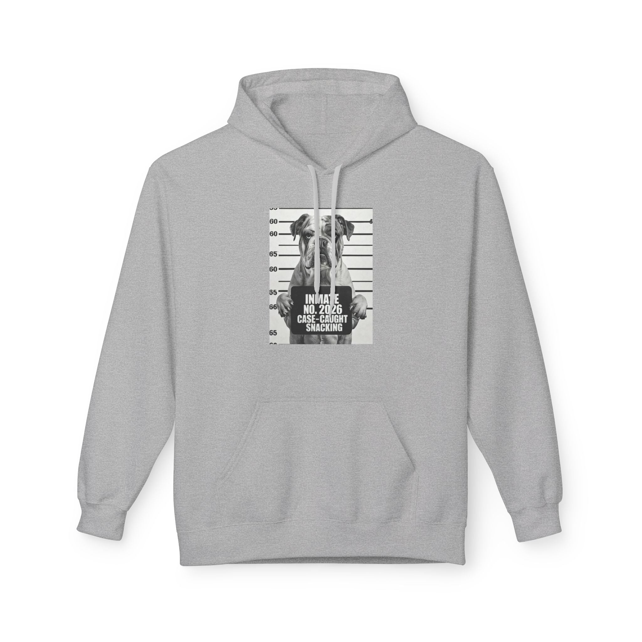 Light gray pullover hoodie with front graphic print, kangaroo pocket, adjustable hood.