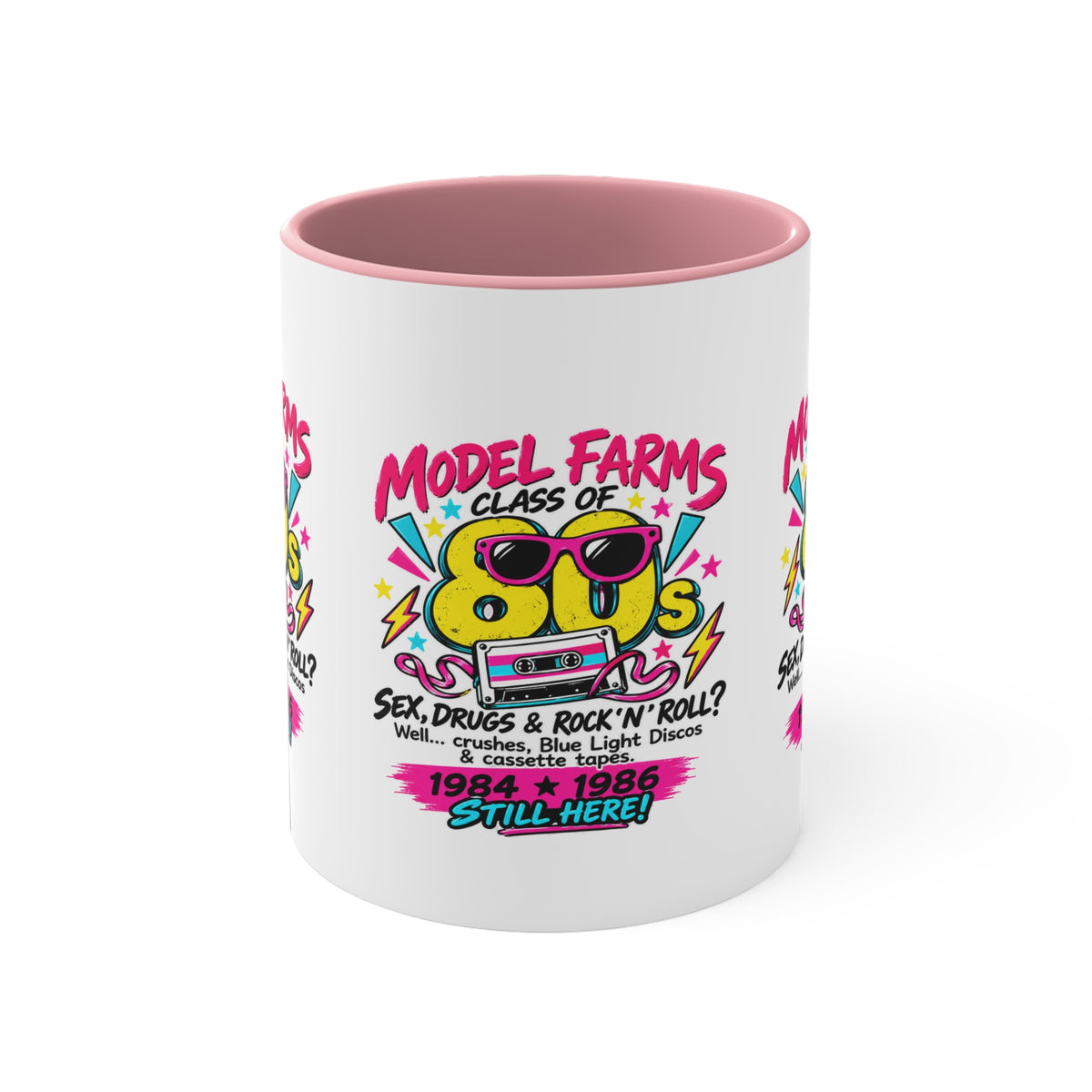 Light pink interior ceramic coffee mug with colorful retro farm-and-cassette graphic