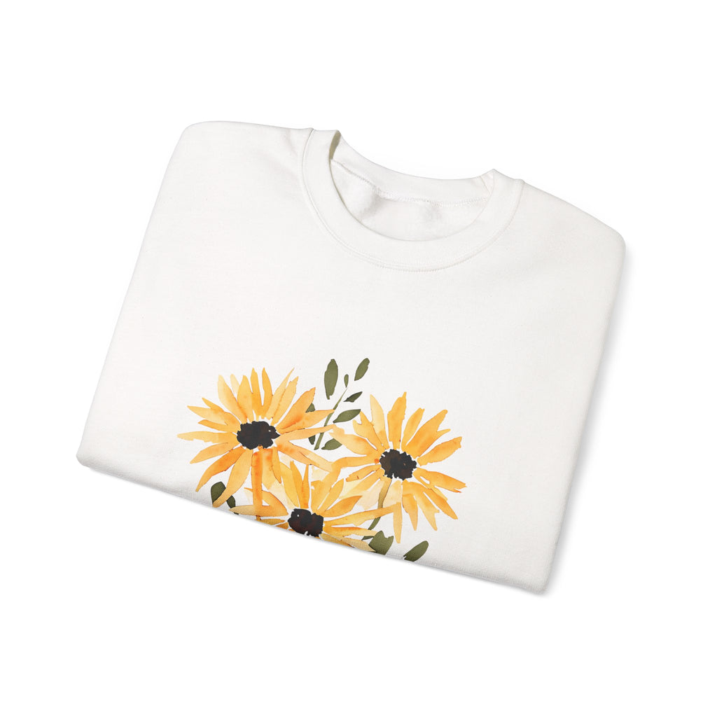 White crewneck sweatshirt with watercolor sunflower bouquet graphic on the front
