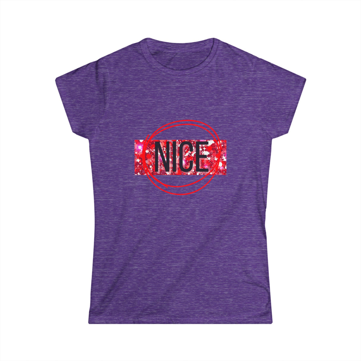 Women's graphic tee, heather purple with 'Nice' front print