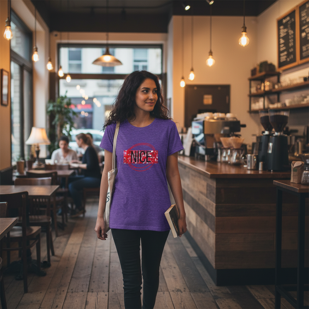 Women's graphic tee, heather purple with 'Nice' front stamp logo