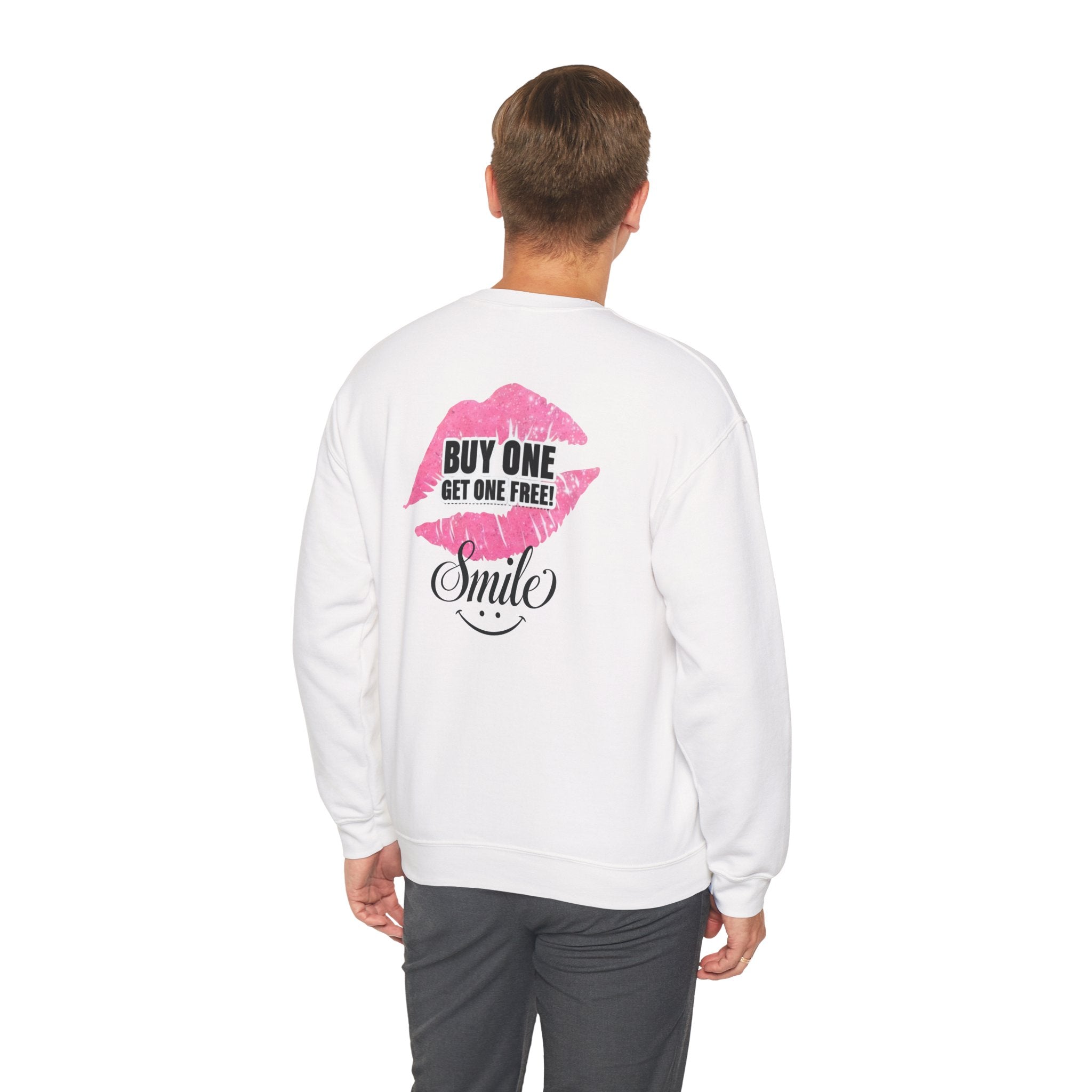 White crewneck sweatshirt worn, pink "Buy One Get One Free" Smile back graphic