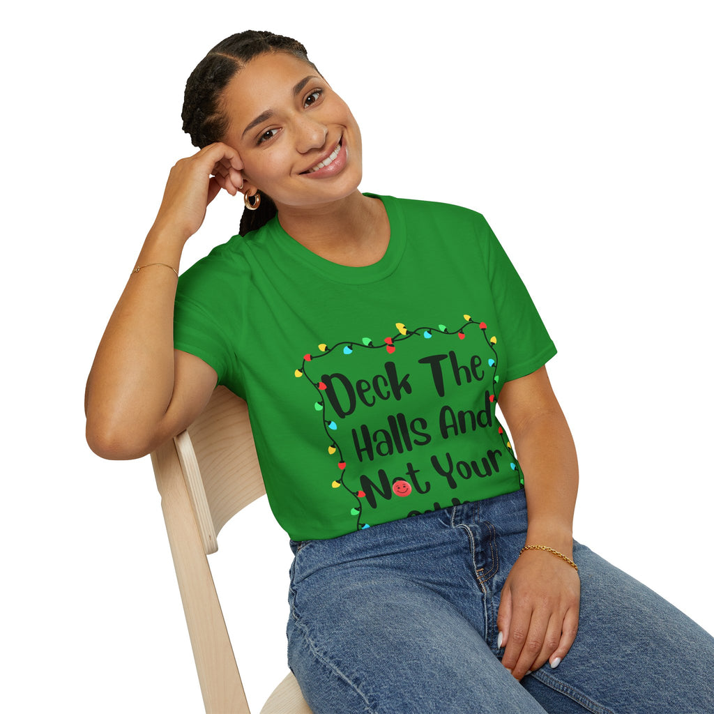 Green crew-neck T-shirt with festive lights graphic on model