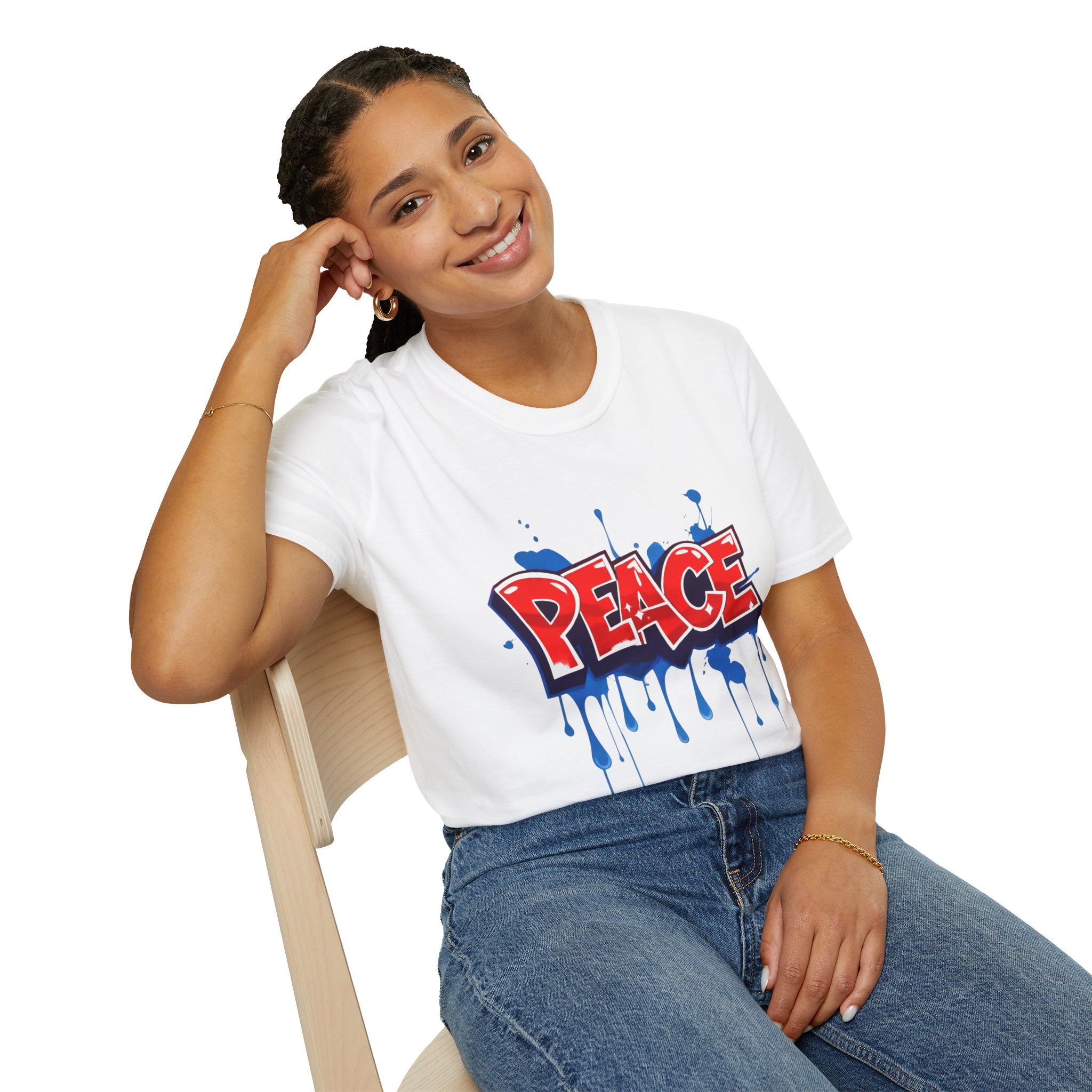 White ladies graphic t-shirt with red Peace word and blue paint drip print