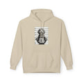 Sand hoodie with front pouch pocket, drawstring hood, dog mugshot graphic.