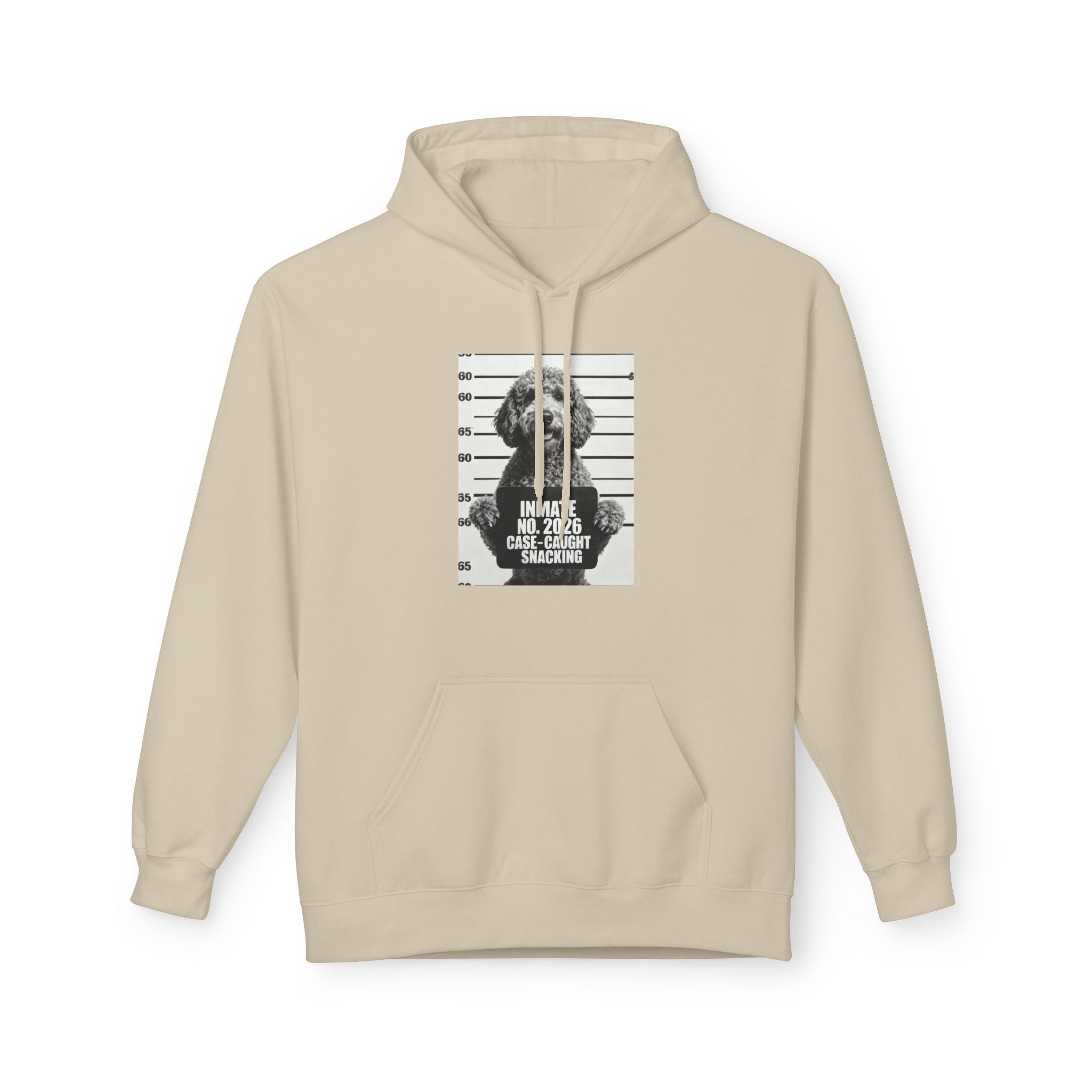 Sand hoodie with front pouch pocket, drawstring hood, dog mugshot graphic.