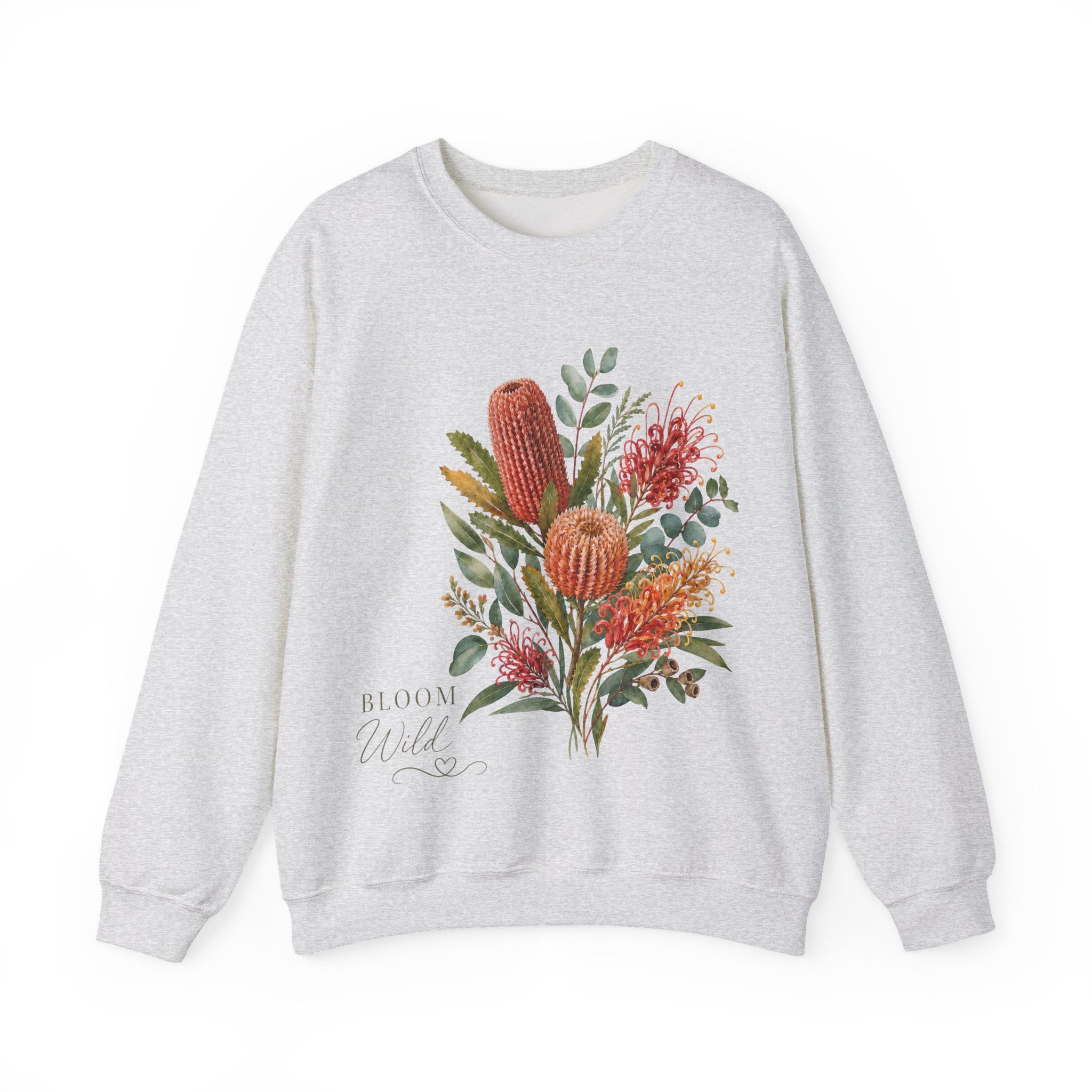 Ash gray crewneck sweatshirt with wildflower bouquet and small 'Bloom Wild' text, long sleeves