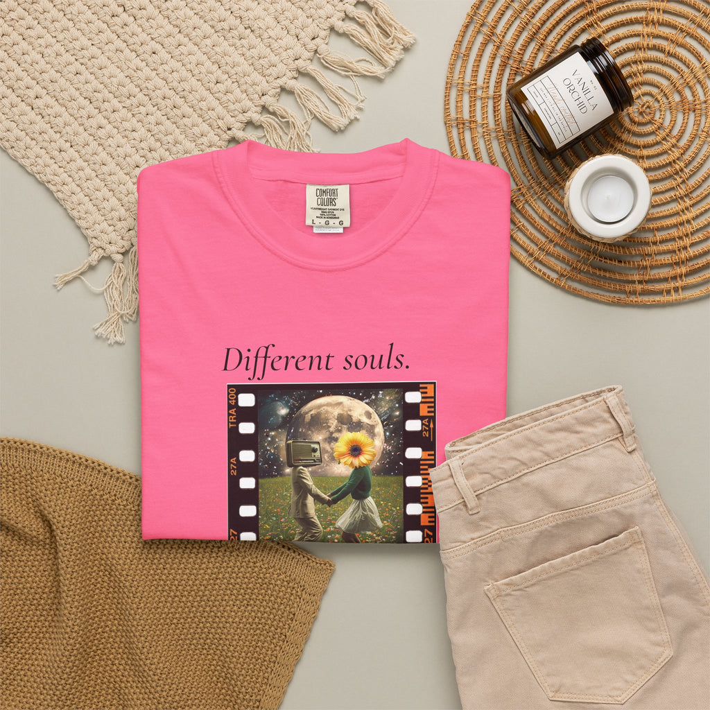 Pink crewneck T-shirt with filmstrip-style “Different souls” graphic on front