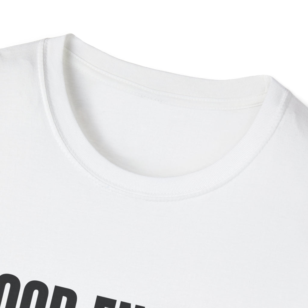 White unisex T-shirt crew neck and collar seam, partial graphic visible at bottom