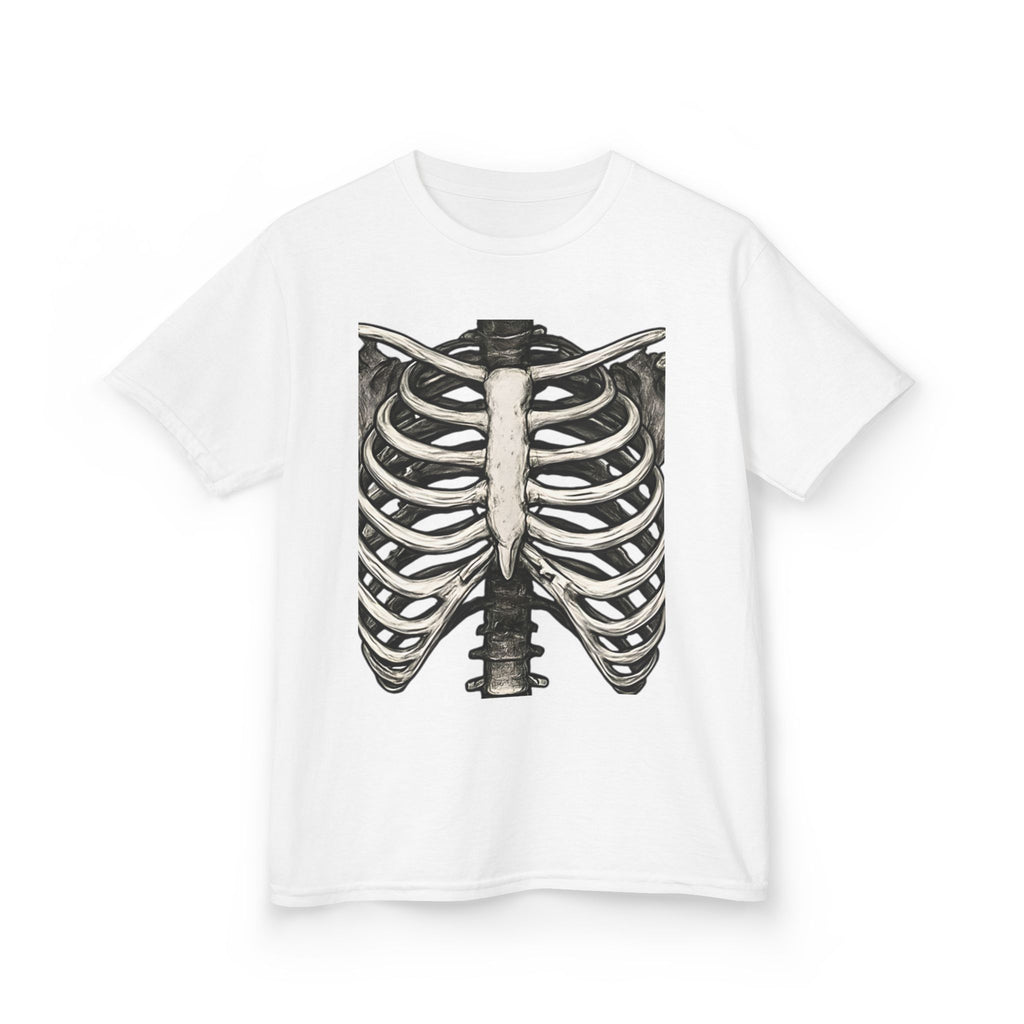Kids white crewneck tee with black-and-white ribcage skeleton graphic on front