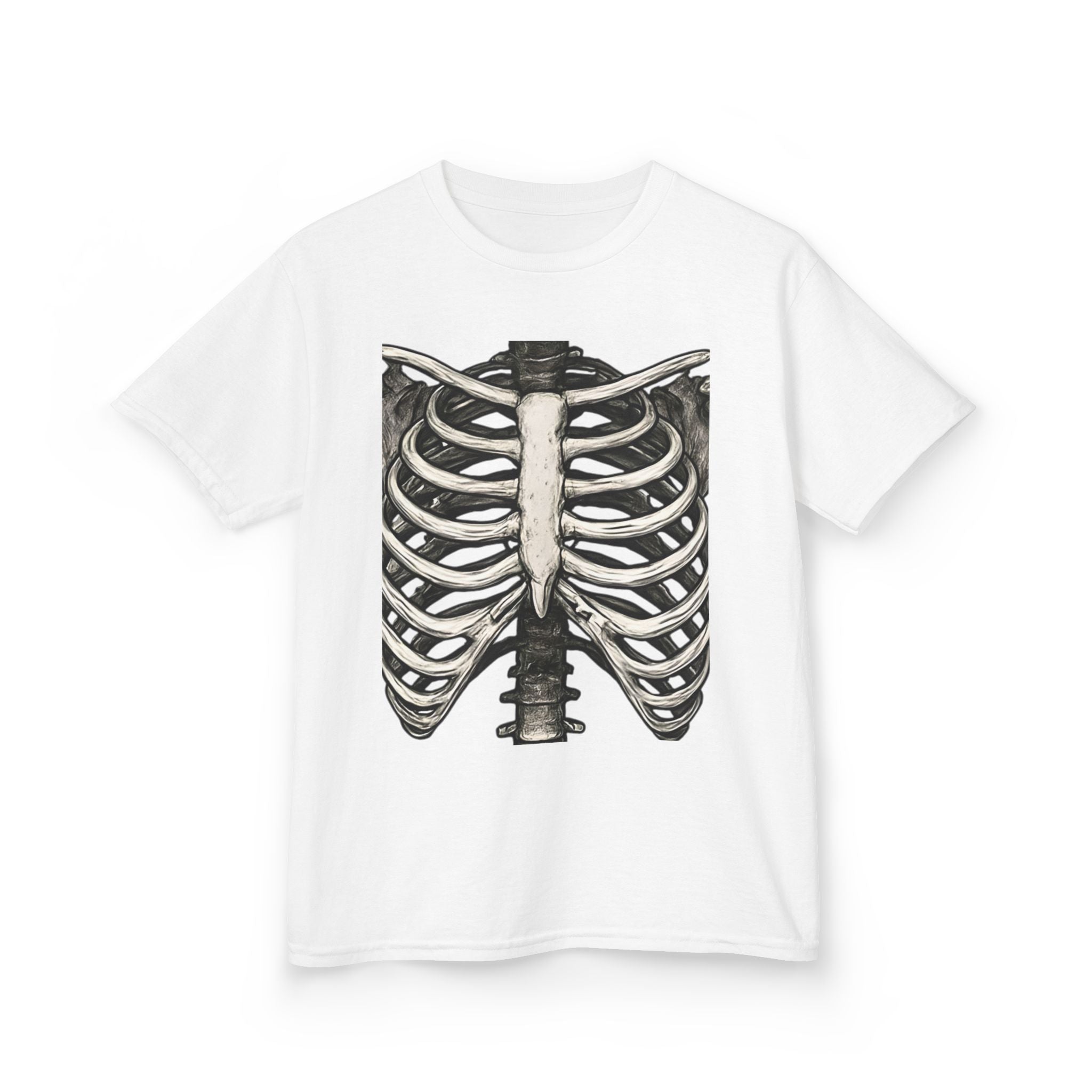 Kids white crewneck tee with black-and-white ribcage skeleton graphic on front