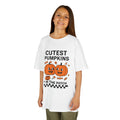 Kids white Halloween tee with orange pumpkin graphic and text 'CUTEST PUMPKINS'