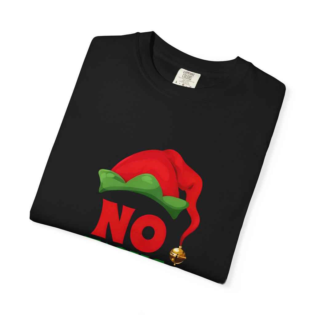 Black t-shirt folded flat, showing elf hat and “No F*cks Given” design