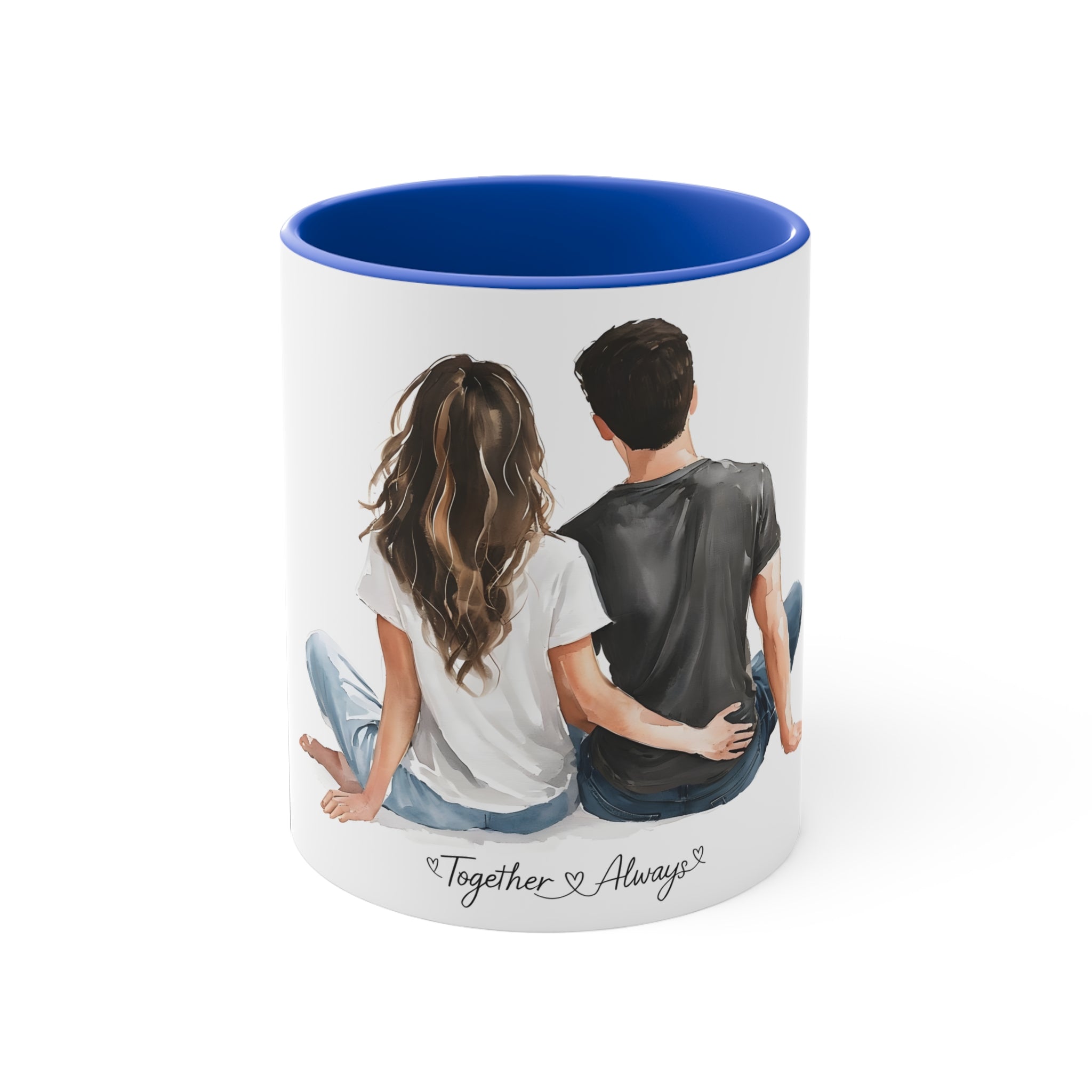 White accent mug with blue interior and couple illustration from behind, with “Together Always”