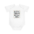 White baby bodysuit with holiday lights graphic and text, short sleeves, snap bottom