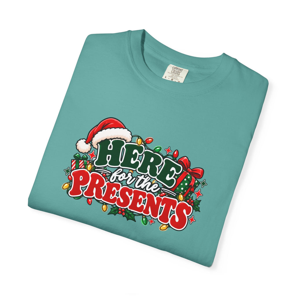 Teal crewneck T-shirt with colorful 'Here for the Presents' graphic