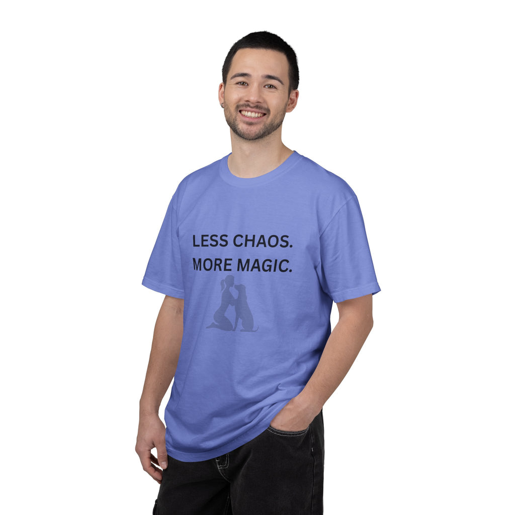 Less Chaos, More Magic T-Shirt — Woman + Dog Silhouette Graphic Tee