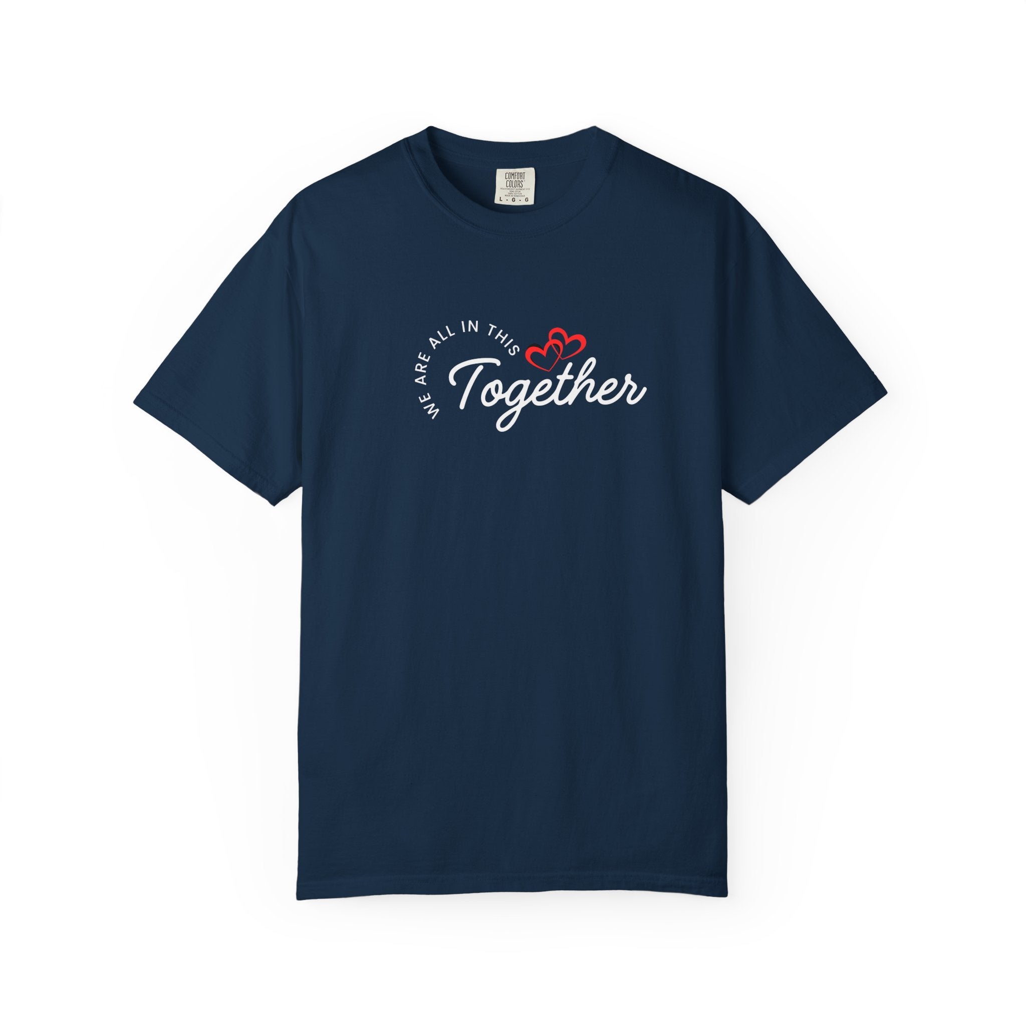 Navy unisex T-shirt with “Together” heart text graphic on the chest