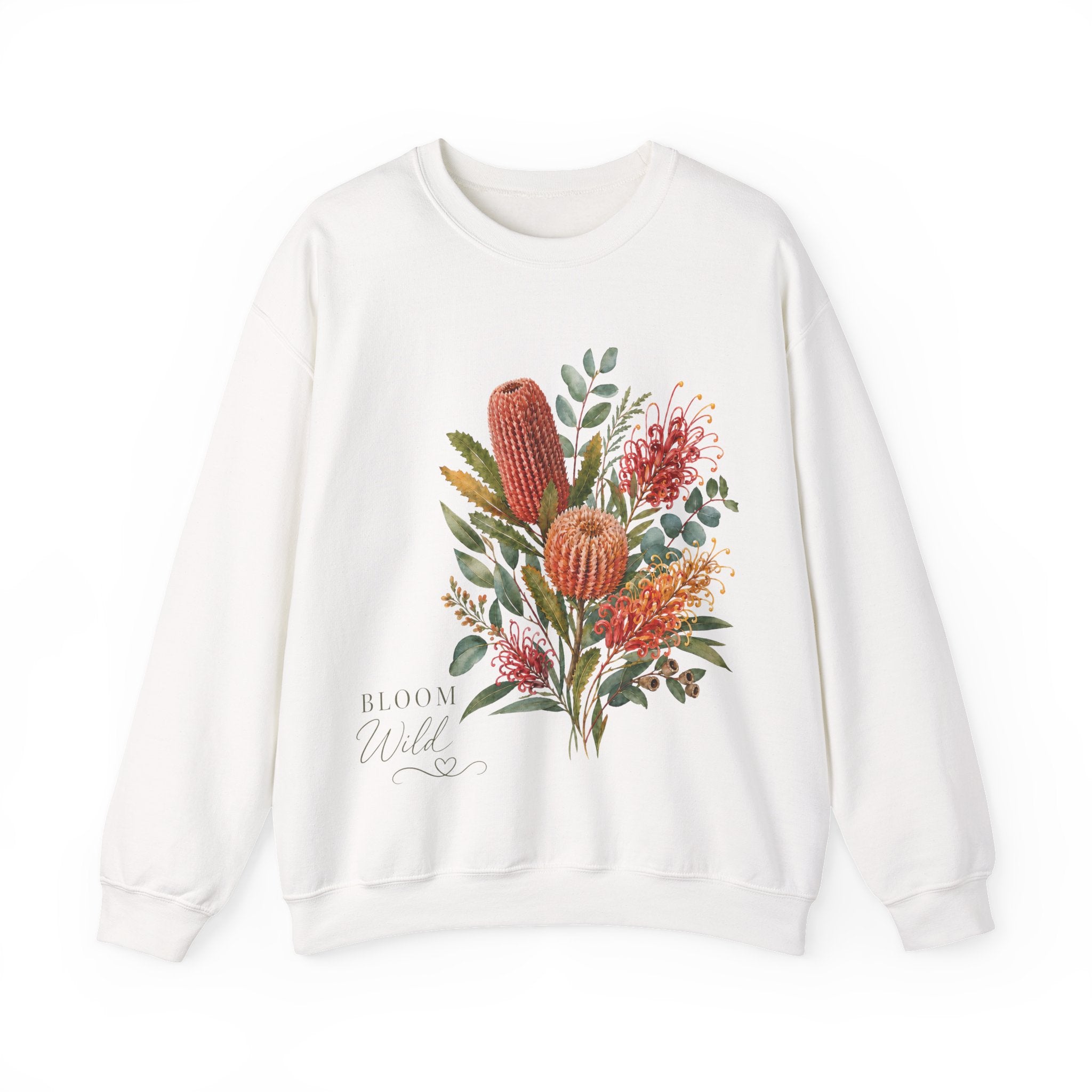 White crewneck sweatshirt with wildflower bouquet graphic and 'Bloom Wild' text, long sleeves