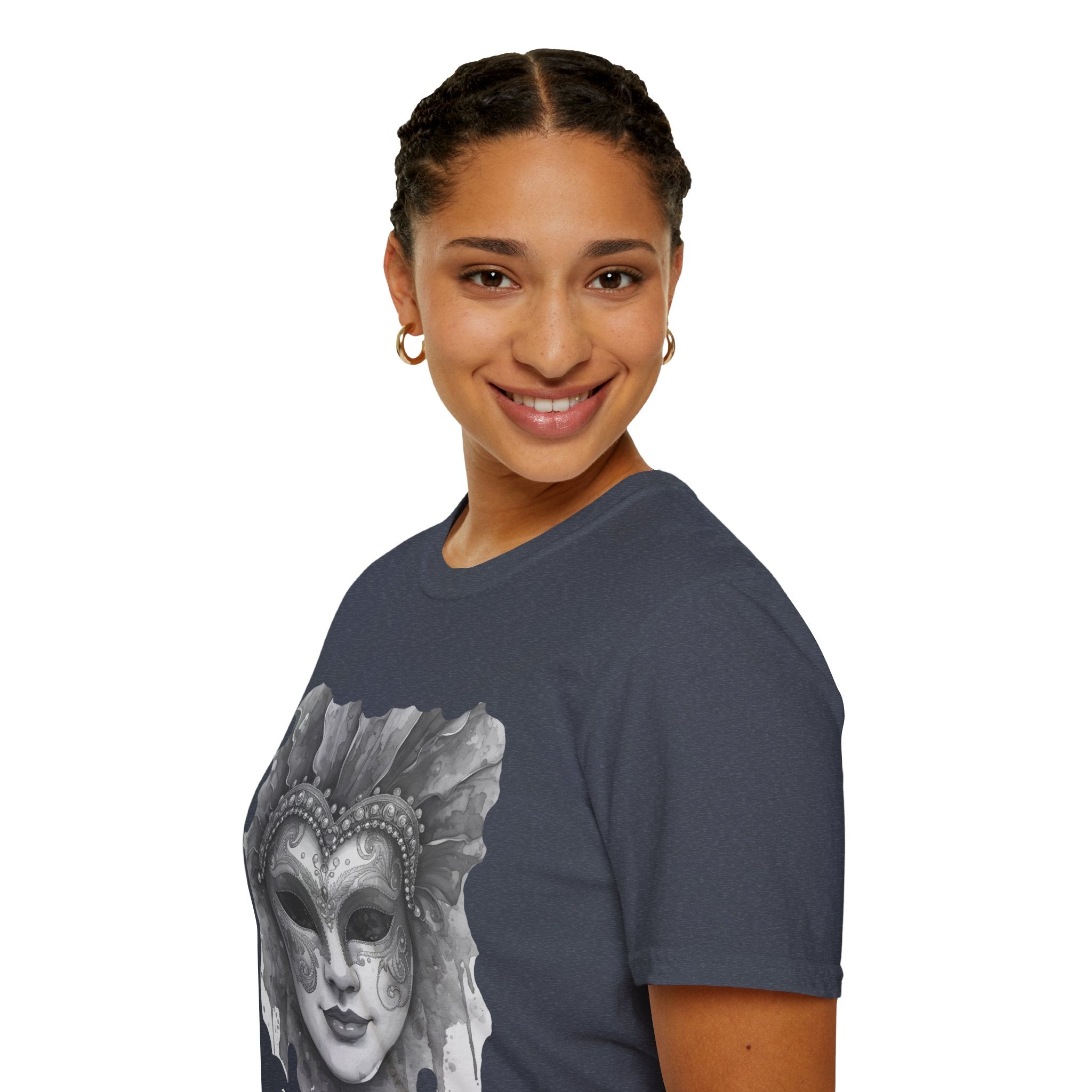 Navy crewneck t-shirt with partial watercolor masquerade mask print at left chest