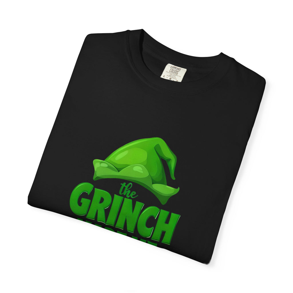 Black unisex T-shirt with green The Grinch chest logo graphic and partial text
