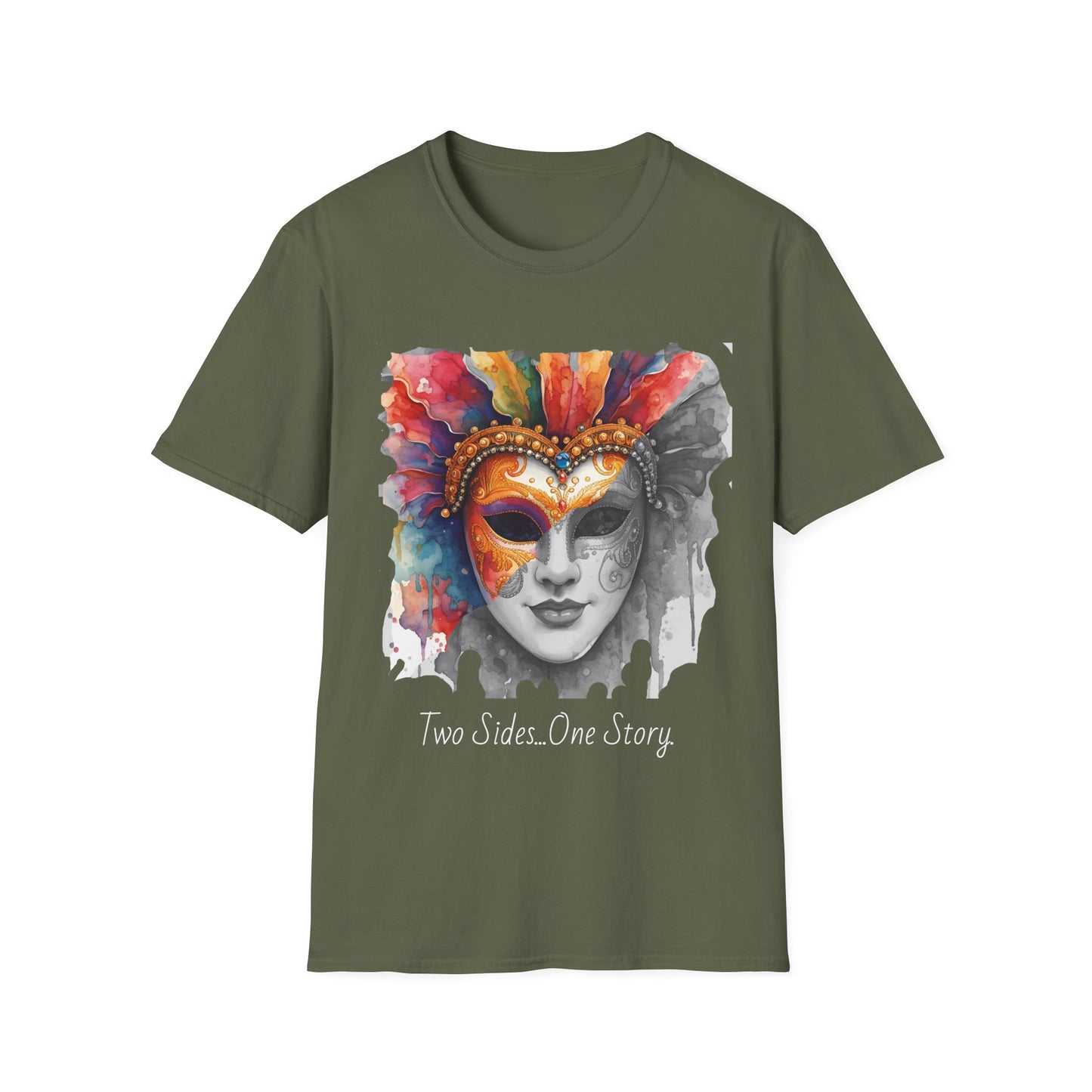 Masquerade Face T-Shirt — "Two Sides, One Story" Watercolor Mask Tee