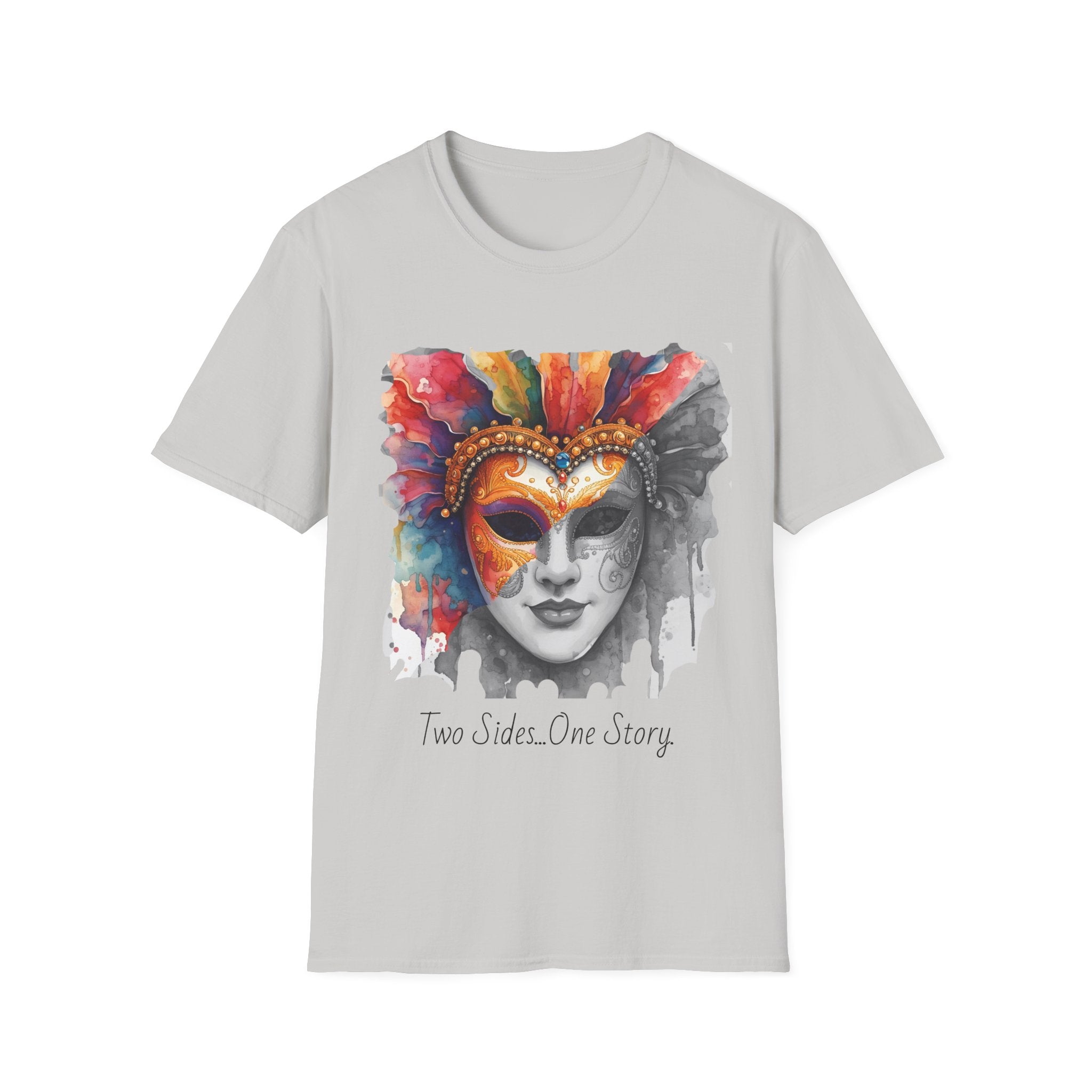Light grey face T-shirt with watercolor masquerade mask graphic and “Two Sides…One Story”