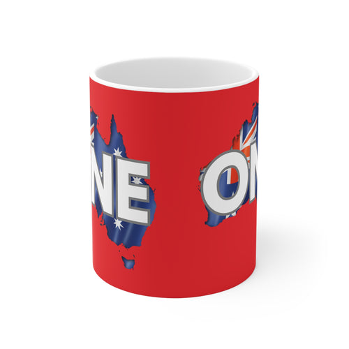 Red ceramic coffee mug with partial blue map flag “ONE” graphic