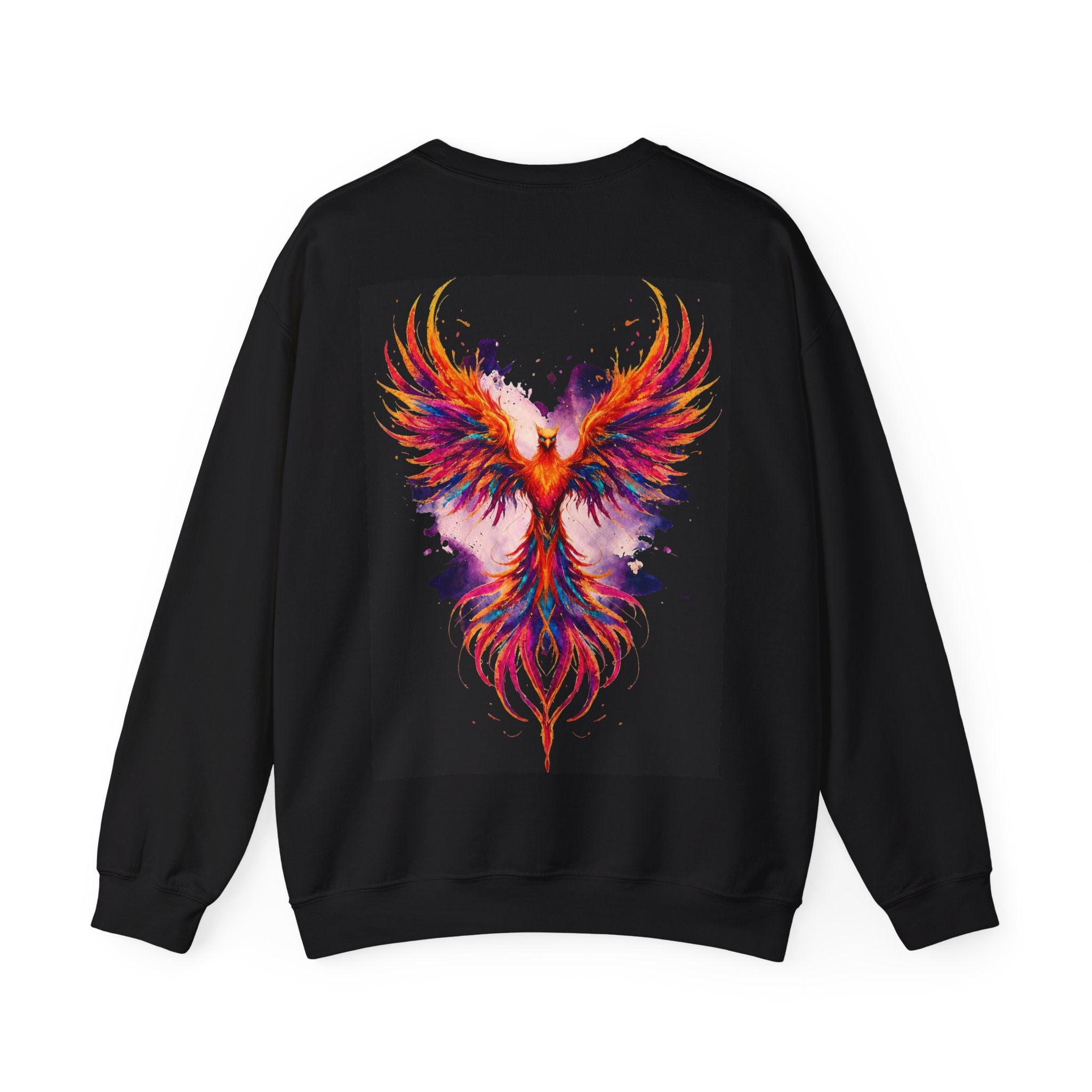 Black crewneck sweatshirt with colorful phoenix bird graphic on back