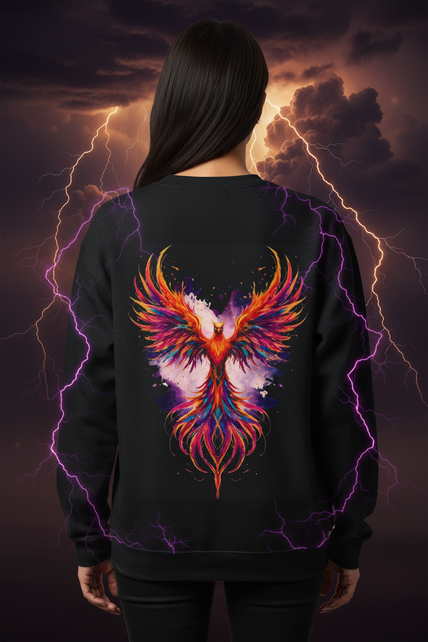 Black crewneck sweatshirt with large phoenix bird graphic on back