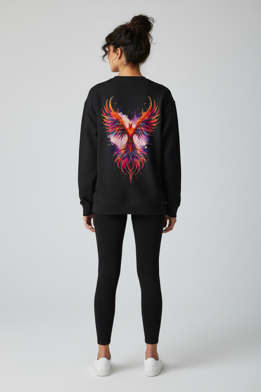 Phoenix REBORN (Back Design Only) Crewneck Sweatshirt — Vibrant Rising Bird Graphic Pullover