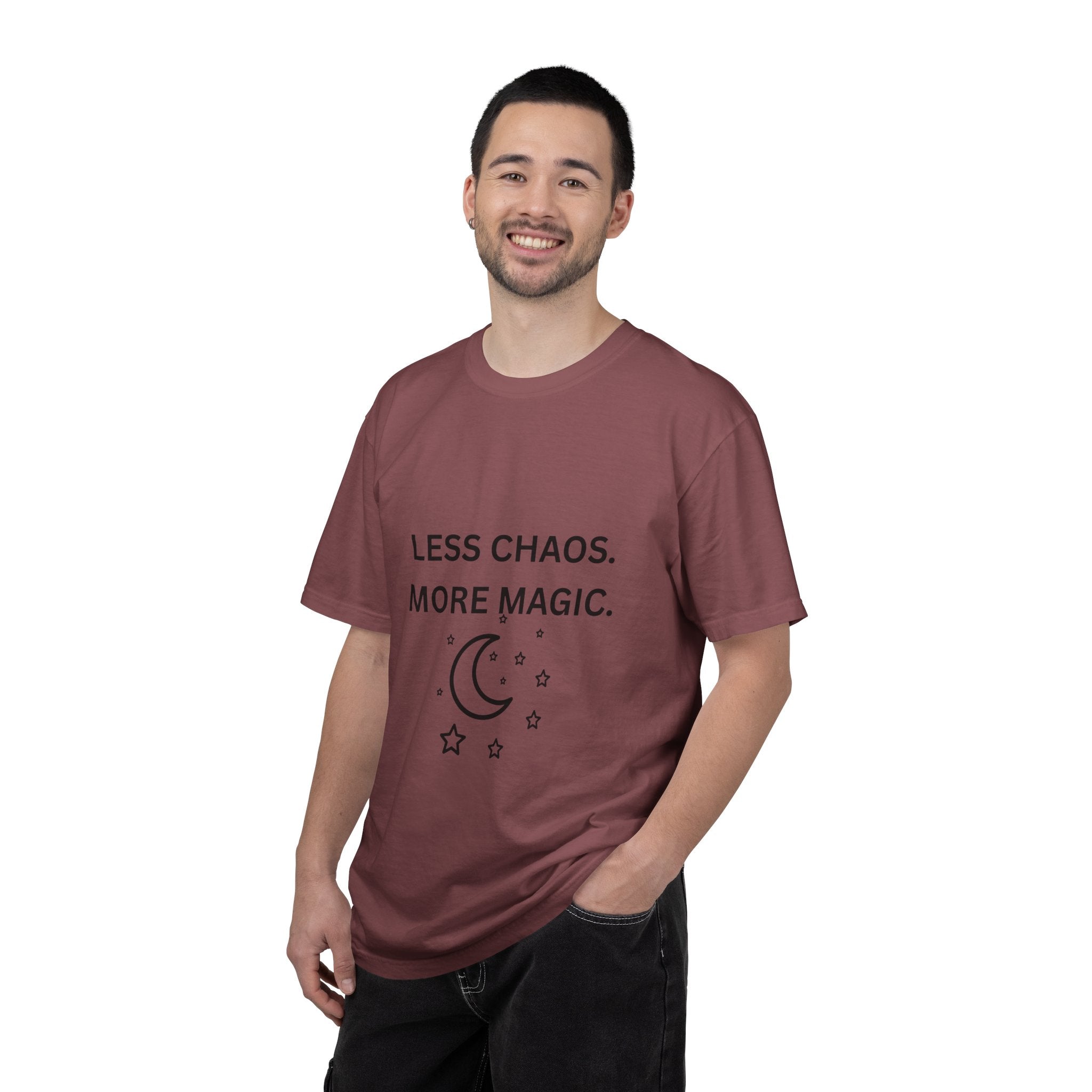 Less Chaos, More Magic T-Shirt — Crescent Moon + Stars Graphic Tee