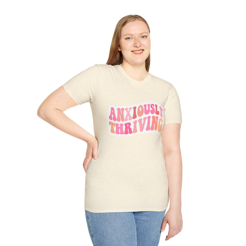 Unisex T-shirt, off-white/natural with speckled look and 'ANXIOUSLY THRIVING' print