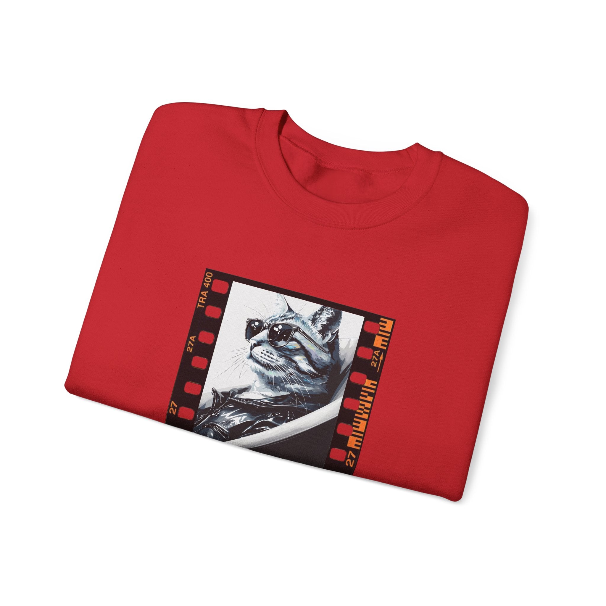 Red crewneck sweatshirt with cat graphic patch print on front, long sleeves
