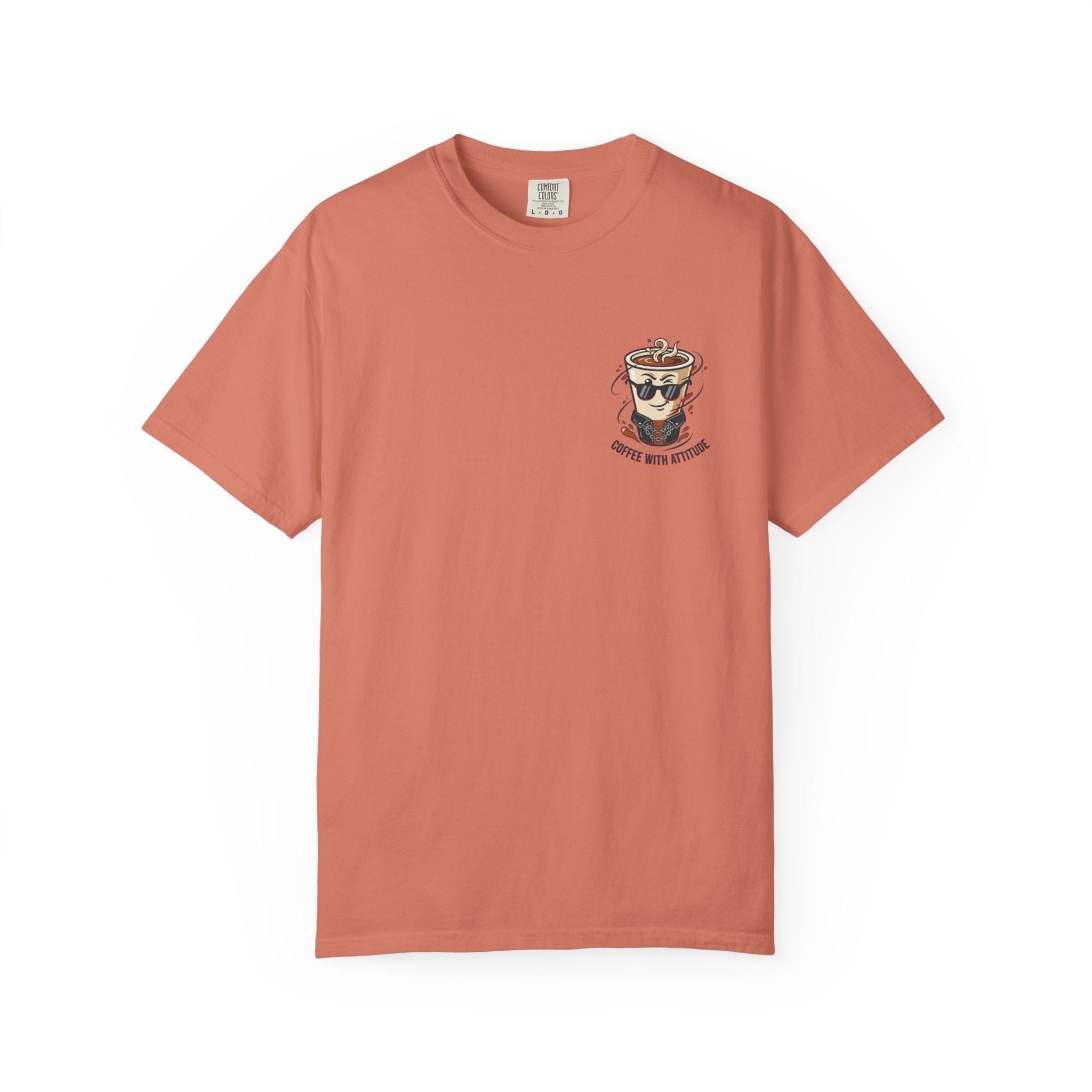 Mum T-shirt, terracotta orange crewneck with coffee attitude graphic on chest