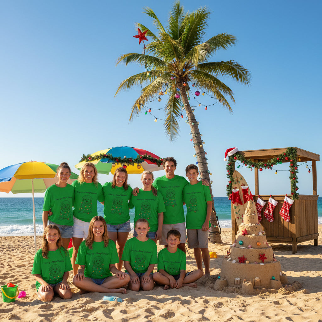 Group of kids wearing Irish green holiday dog graphic tees on a sandy beach