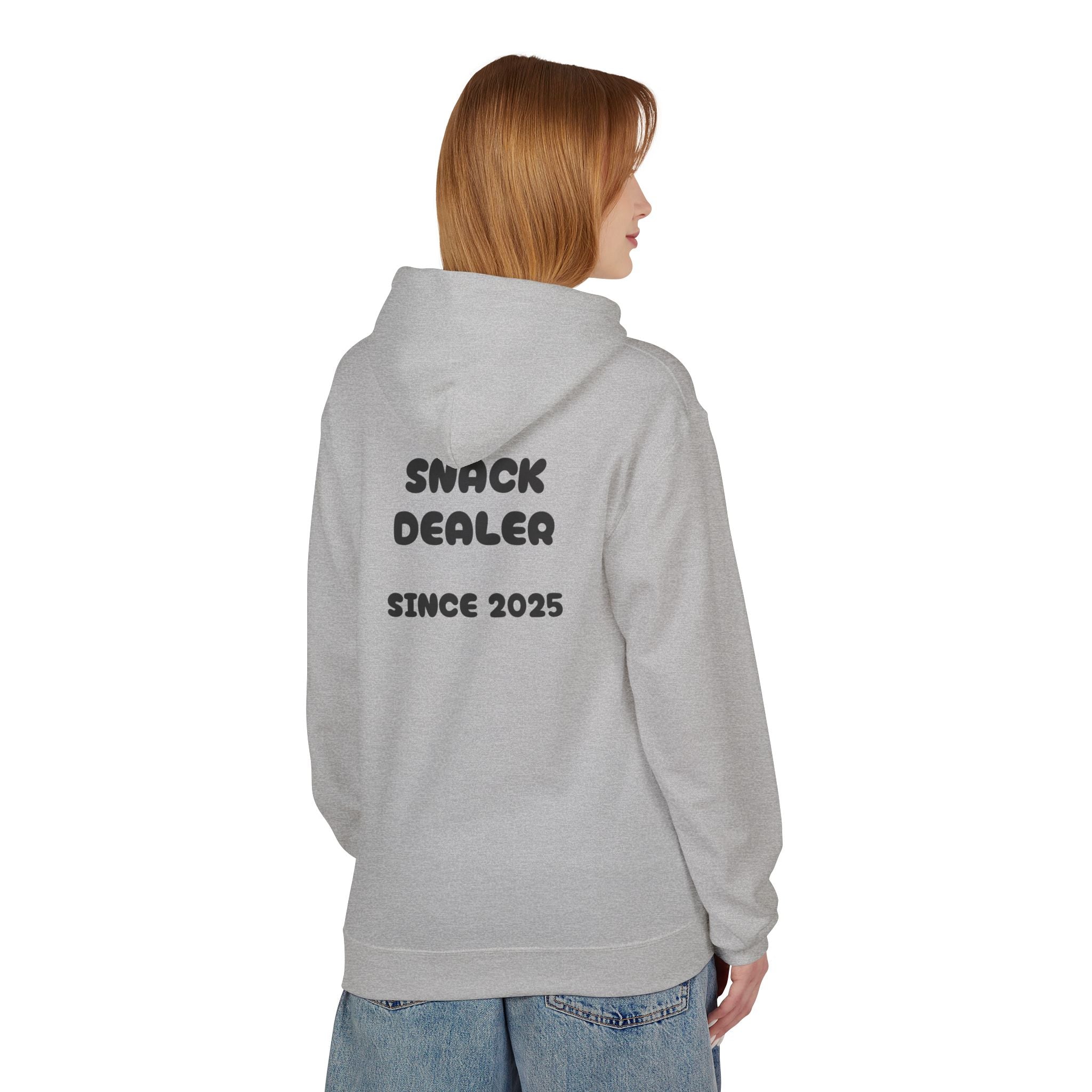 Light grey hoodie on model, back print text: SNACK DEALER SINCE 2025