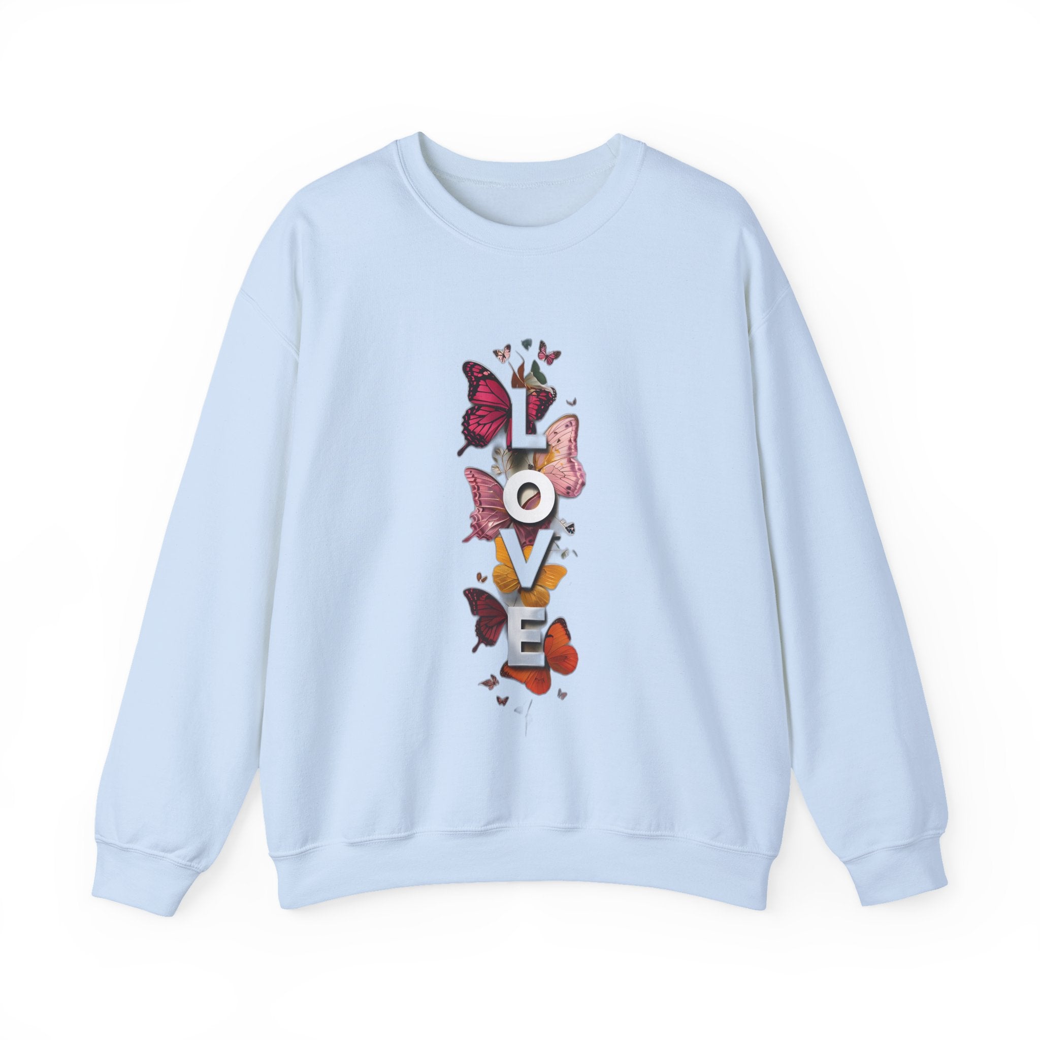 Light blue sweatshirt with long sleeves and LOVE word butterfly graphic on front
