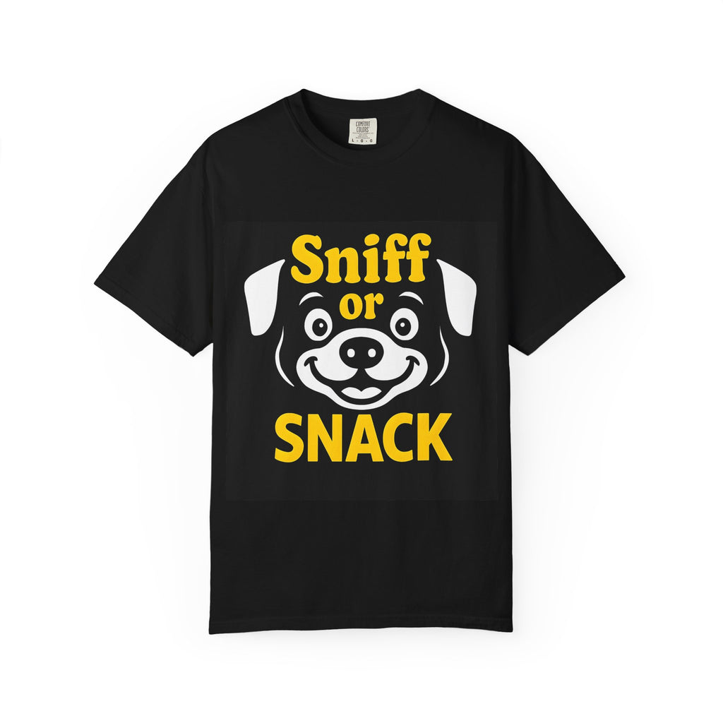 Sniff or Snack Dog Lover Unisex T-Shirt, Yellow text, Dog Apparel, Pet Owner Gift, Animal Lover Tee, Funny Canine Shirt