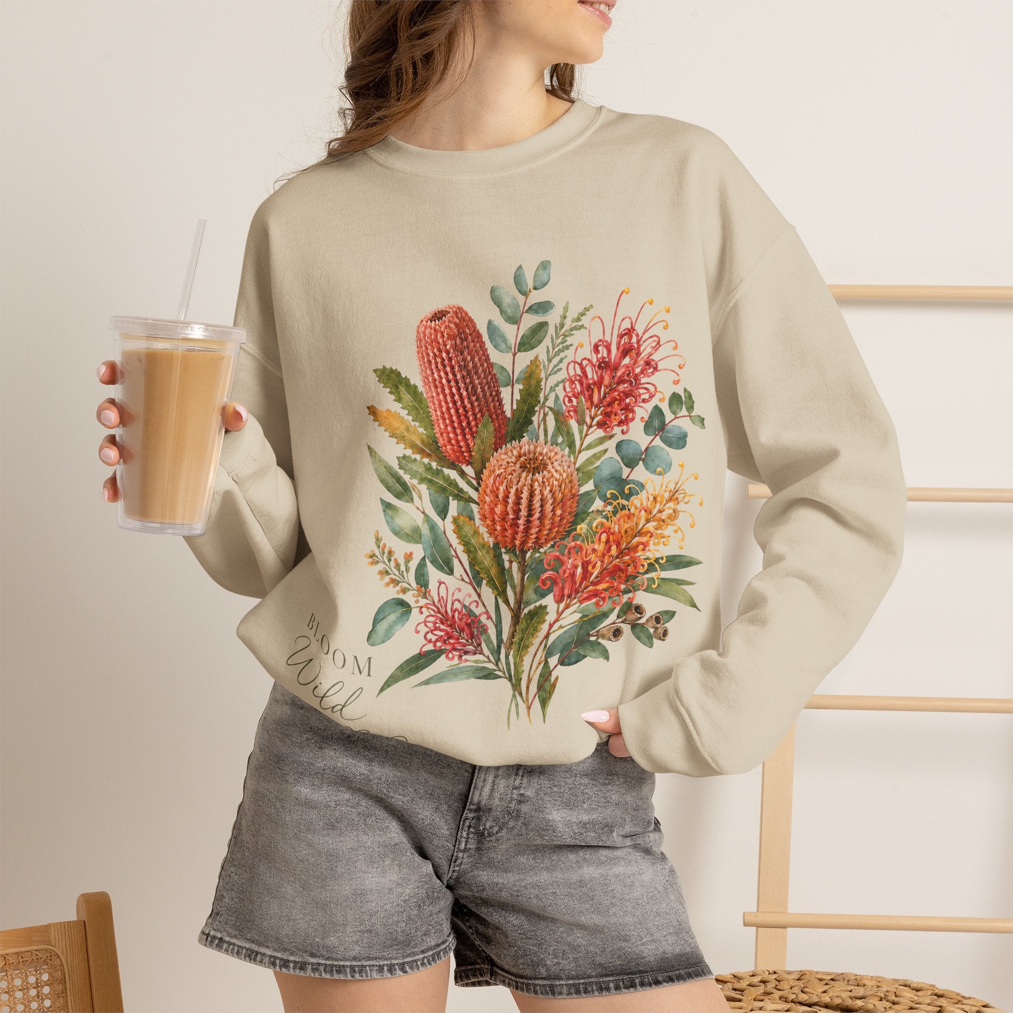 Sand-toned white crewneck sweatshirt with cactus floral print, long sleeves