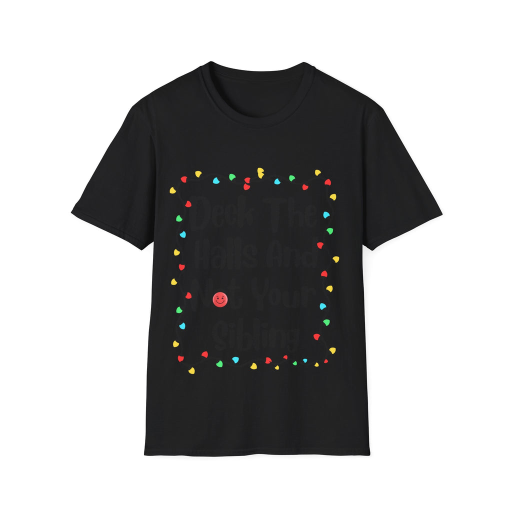 Black crew-neck T-shirt with colorful lights border graphic
