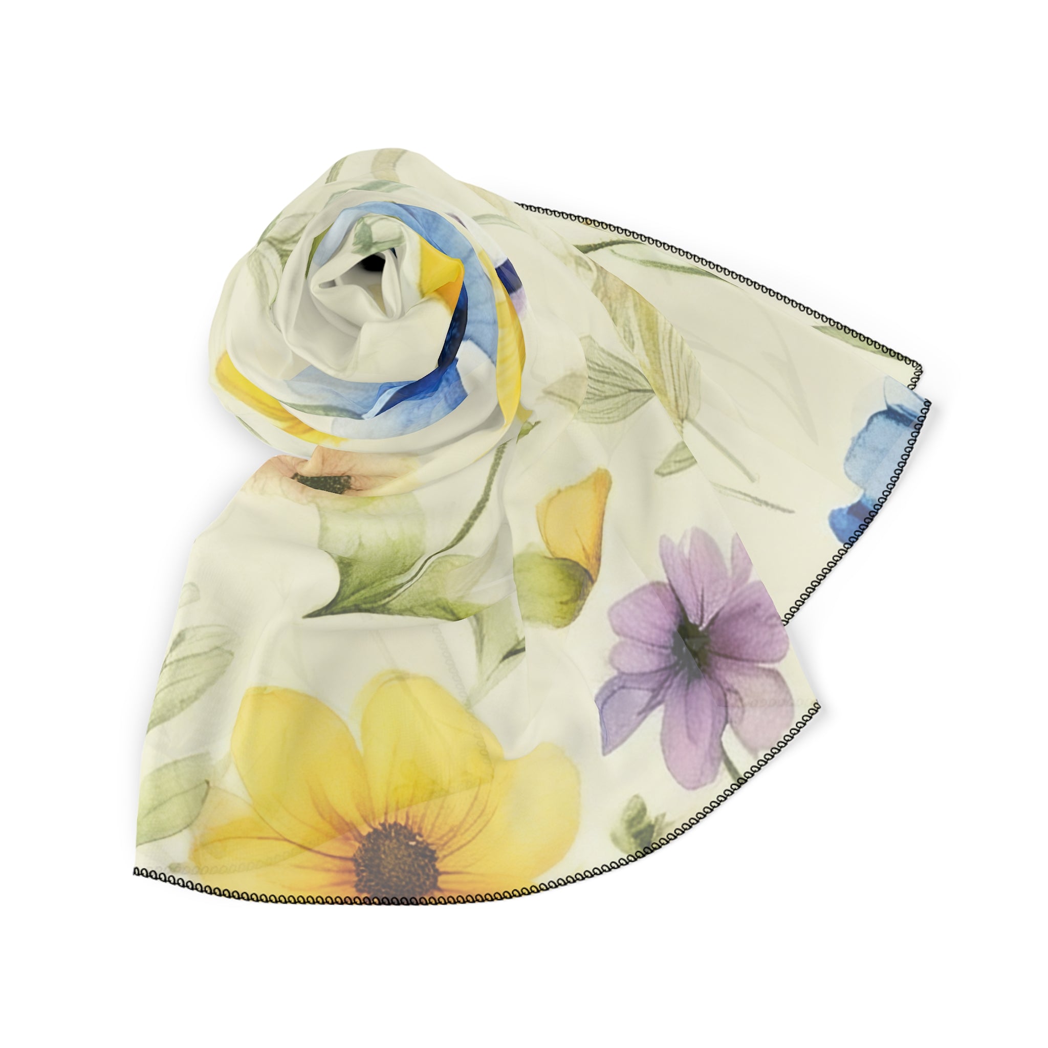 Yellow and Blue Pastel Floral Silk-Look Scarf — Soft Garden Print