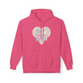 Pink hoodie with drawstring hood, front pocket, and heart "Rise Shine Repeat" graphic