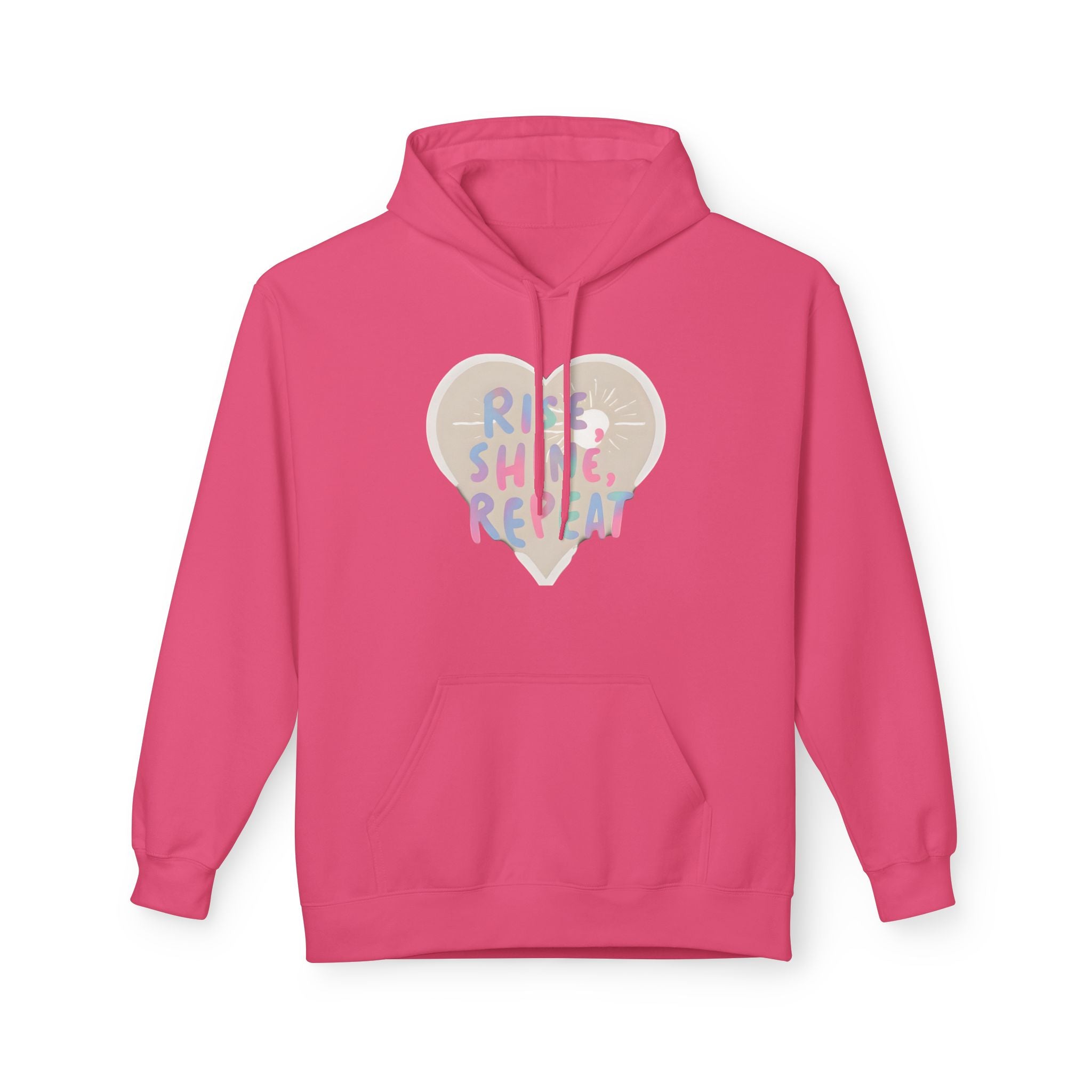 Pink hoodie with drawstring hood, front pocket, and heart "Rise Shine Repeat" graphic