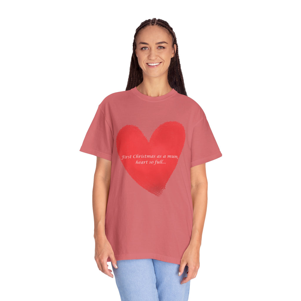 Pink short-sleeve crewneck T-shirt with red heart graphic and 'First Christmas as a mum' text