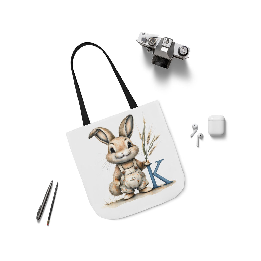Whimsical Letter K Bunny Canvas Tote Bag, Perfect for Spring, Easter, Gardening, Eco-Friendly Shopping, Cute Animal Design