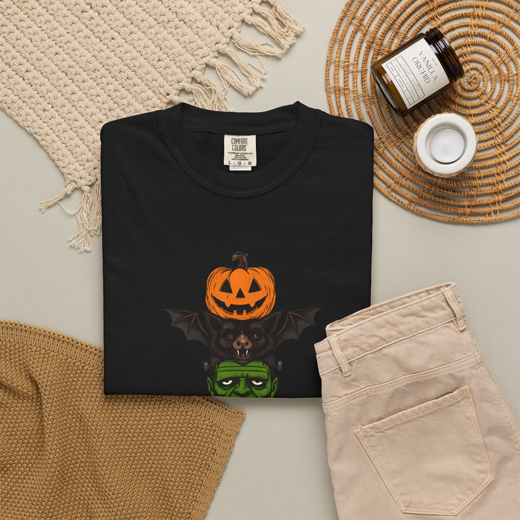 Halloween Totem Tee — Stacked Pumpkin, Bat, Frankenstein, Ghost & Prince of Darkness POP Graphic T-Shirt